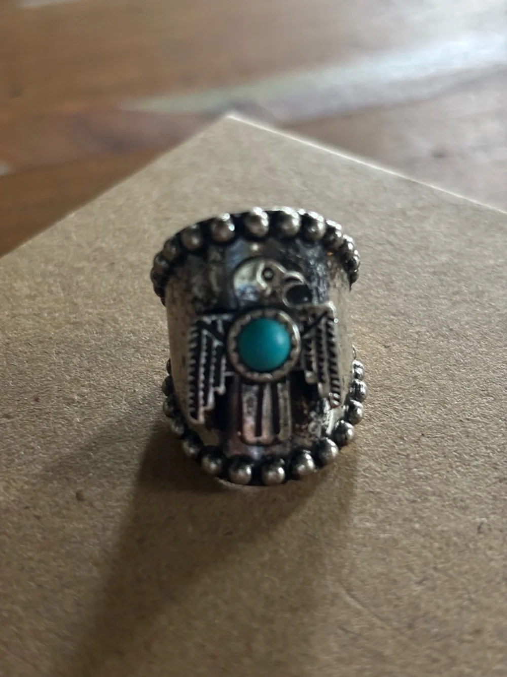 Turquoise Accent Silver Tone Thunderbird Statement Ring